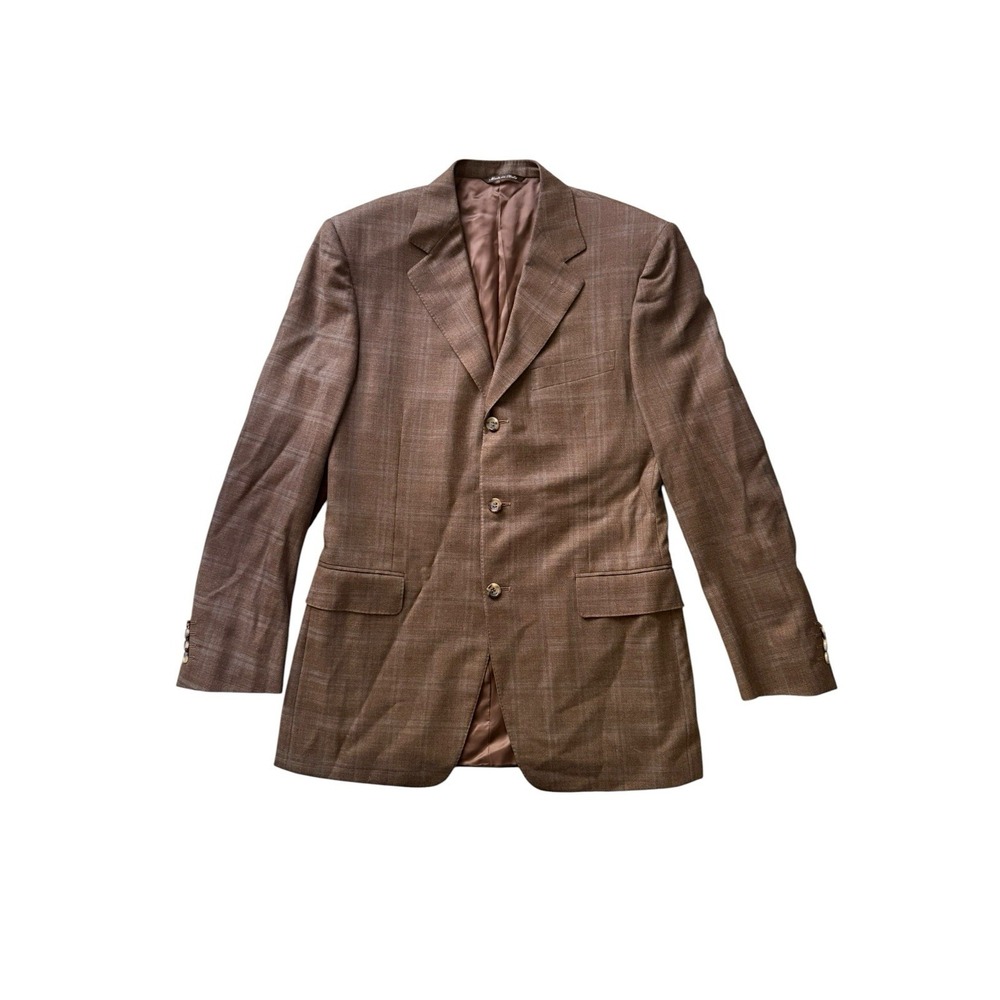 Canali Wool Super 130s Three-Button Suit Jacket Size 48R IT Brown Plaid Italy